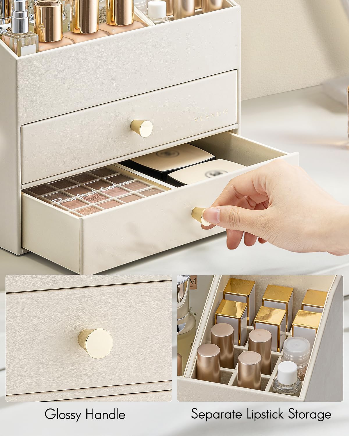 VLANDO 3-Layer Makeup Organizer with 2 Large Drawers for Vanity,Beige