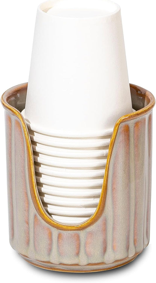 TANEW Ceramic Bathroom Cup Dispenser with Stylish Vertical Stripes - Dixies Cup Dispenser Mouthwash Cup Holder Holds 3oz Paper Cups for Rinsing Cups on Bathroom Vanity Countertops Reactive Glaze Brown