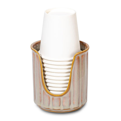 TANEW Ceramic Bathroom Cup Dispenser with Stylish Vertical Stripes - Dixies Cup Dispenser Mouthwash Cup Holder Holds 3oz Paper Cups for Rinsing Cups on Bathroom Vanity Countertops Reactive Glaze Brown