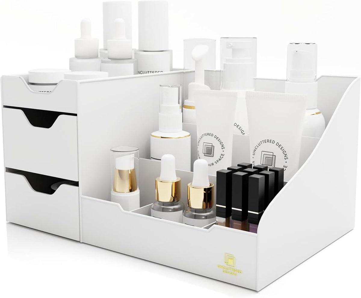 Uncluttered Designs Makeup Organizer for Women, White Dresser Top Organizer