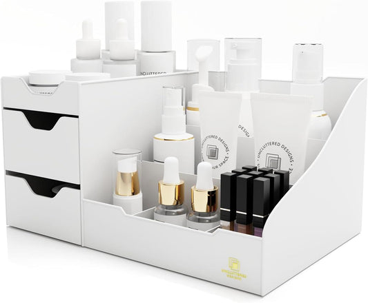Uncluttered Designs Makeup Organizer for Women, White Dresser Top Organizer