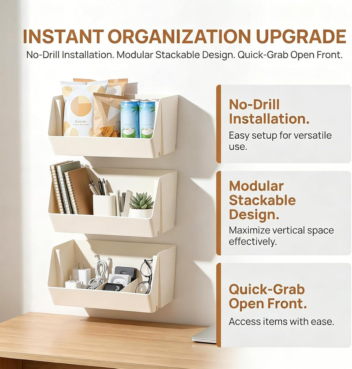 Wall Mounted Storage Organizer Bins, Shower Caddy Kitchen Shelf Floating, Space Saving Shelves Box with Adhesive Pads, Stackable Organizer for Bathroom、Office、Snacks、Refrigerator、Countertops
