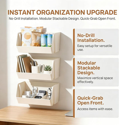 Wall Mounted Storage Organizer Bins, Shower Caddy Kitchen Shelf Floating, Space Saving Shelves Box with Adhesive Pads, Stackable Organizer for Bathroom、Office、Snacks、Refrigerator、Countertops