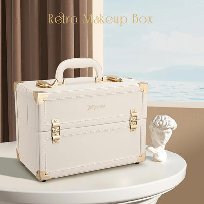 Joligrace Makeup Train Case Large Portable Cosmetic Makeup Storage Box Organizer Lockable with 4 Tray Compartments Retro Champagne Beige Vegan Leather