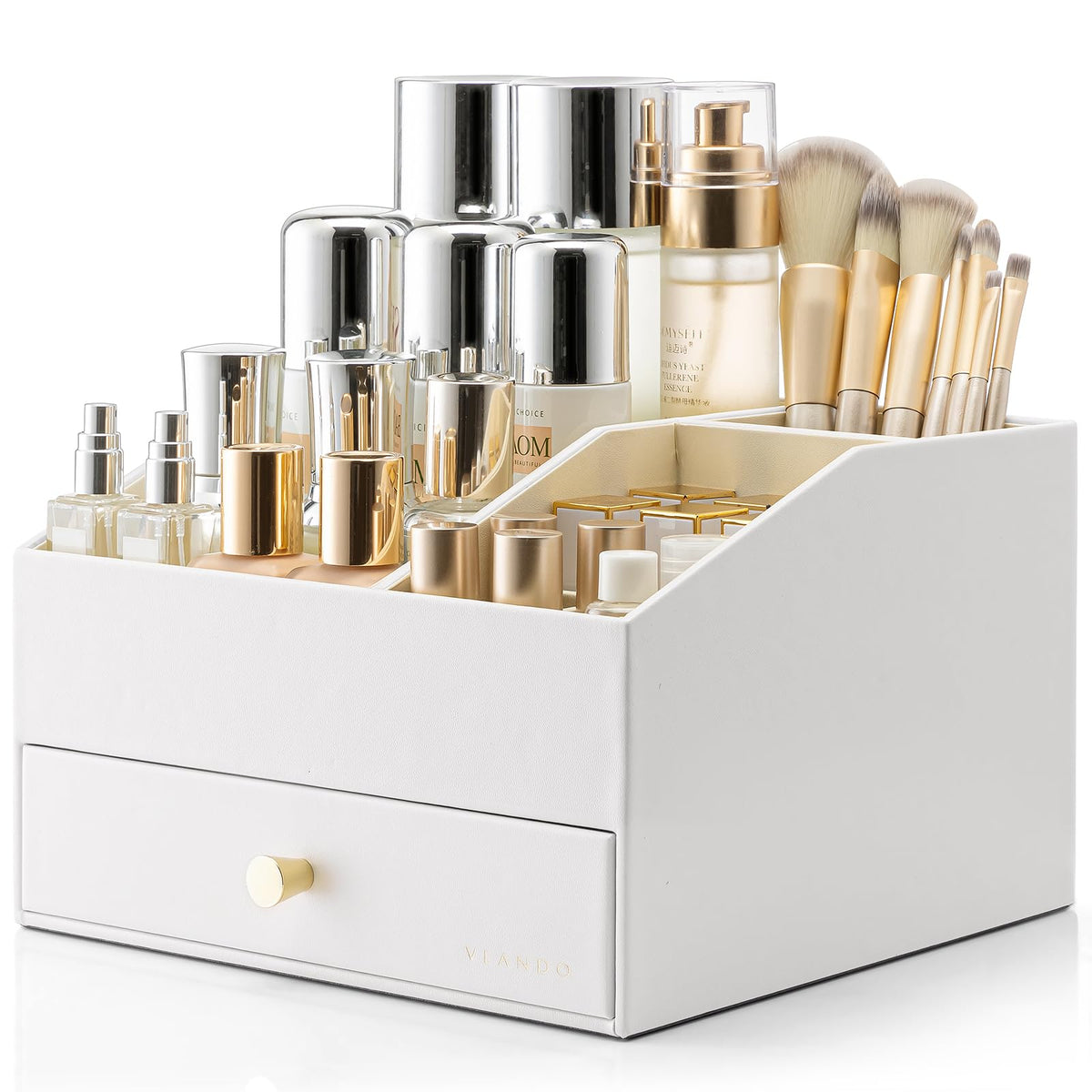 VLANDO 3-Layer Makeup Organizer with 2 Large Drawers for Vanity,Beige