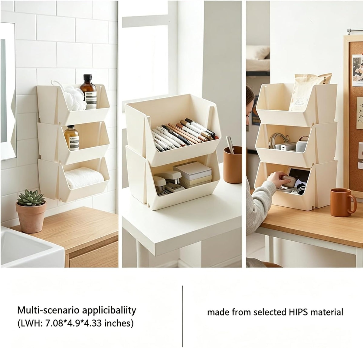 Wall Mounted Storage Organizer Bins, Shower Caddy Kitchen Shelf Floating, Space Saving Shelves Box with Adhesive Pads, Stackable Organizer for Bathroom、Office、Snacks、Refrigerator、Countertops