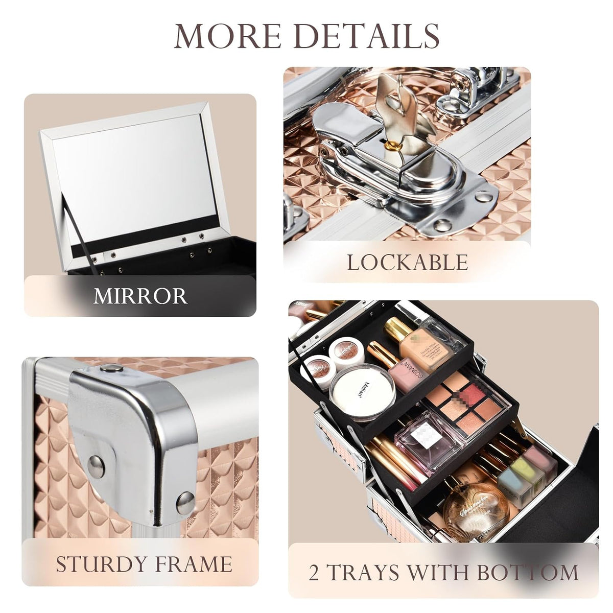 FRENESSA Makeup Case Train Case Portable Makeup Box with Mirror Lock Box Travel Cosmetic Train Cases Hard Makeup Organizer for Nail Craft Storage Vanity for Girl Rose Gold
