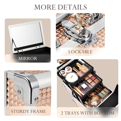 FRENESSA Makeup Case Train Case Portable Makeup Box with Mirror Lock Box Travel Cosmetic Train Cases Hard Makeup Organizer for Nail Craft Storage Vanity for Girl Rose Gold