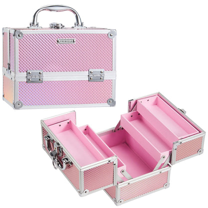 FRENESSA Makeup Train Case 8.85 Inch Portable Makeup Case Organizer Cosmetic Box Make Up Box Makeup Organizer Cosmetic Storage Cases with Locking Nail Kit Organizer Small Travel Case Mermaid Pink