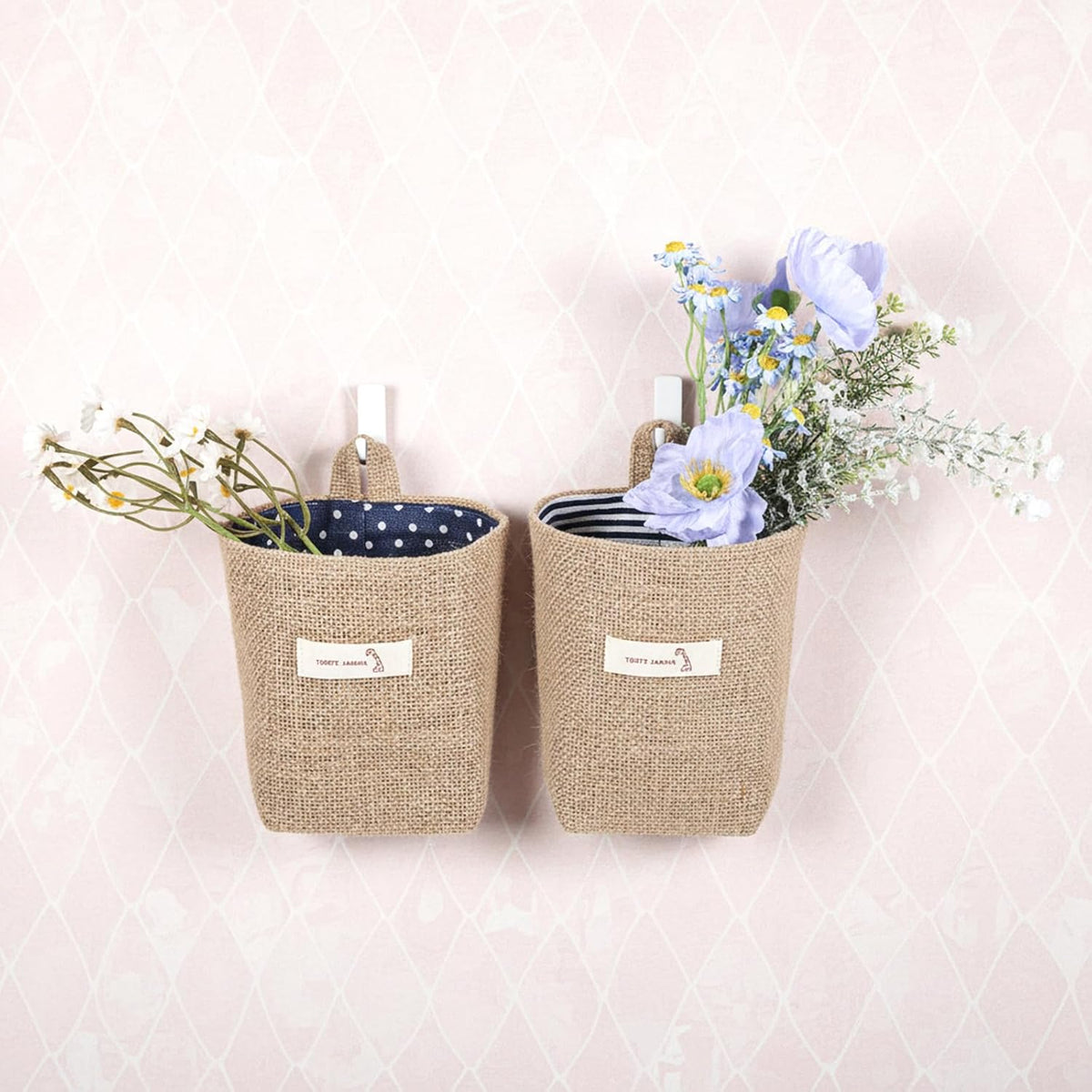 2 Pack Hanging Basket for Door Jute Hanging Wall Storage Baskets, Small Linen Wall Organizer for Keys, Wallets, Plants, Boho Decor with Hooks