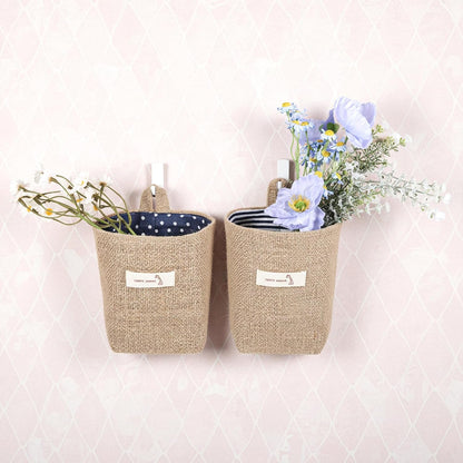 2 Pack Hanging Basket for Door Jute Hanging Wall Storage Baskets, Small Linen Wall Organizer for Keys, Wallets, Plants, Boho Decor with Hooks