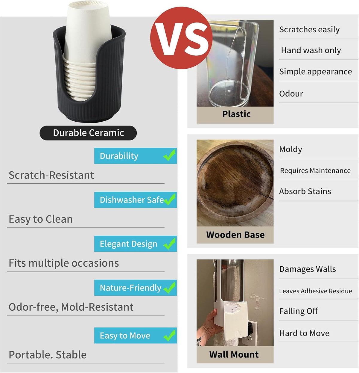 Dobbyby Ceramic Bathroom Cup Dispenser with Stylish Vertical Stripes - Disposable Mouthwash Cup Holder Holds 3-4oz Paper Cups for Rinsing Cups on Bathroom Vanity Countertops (Matte Black)