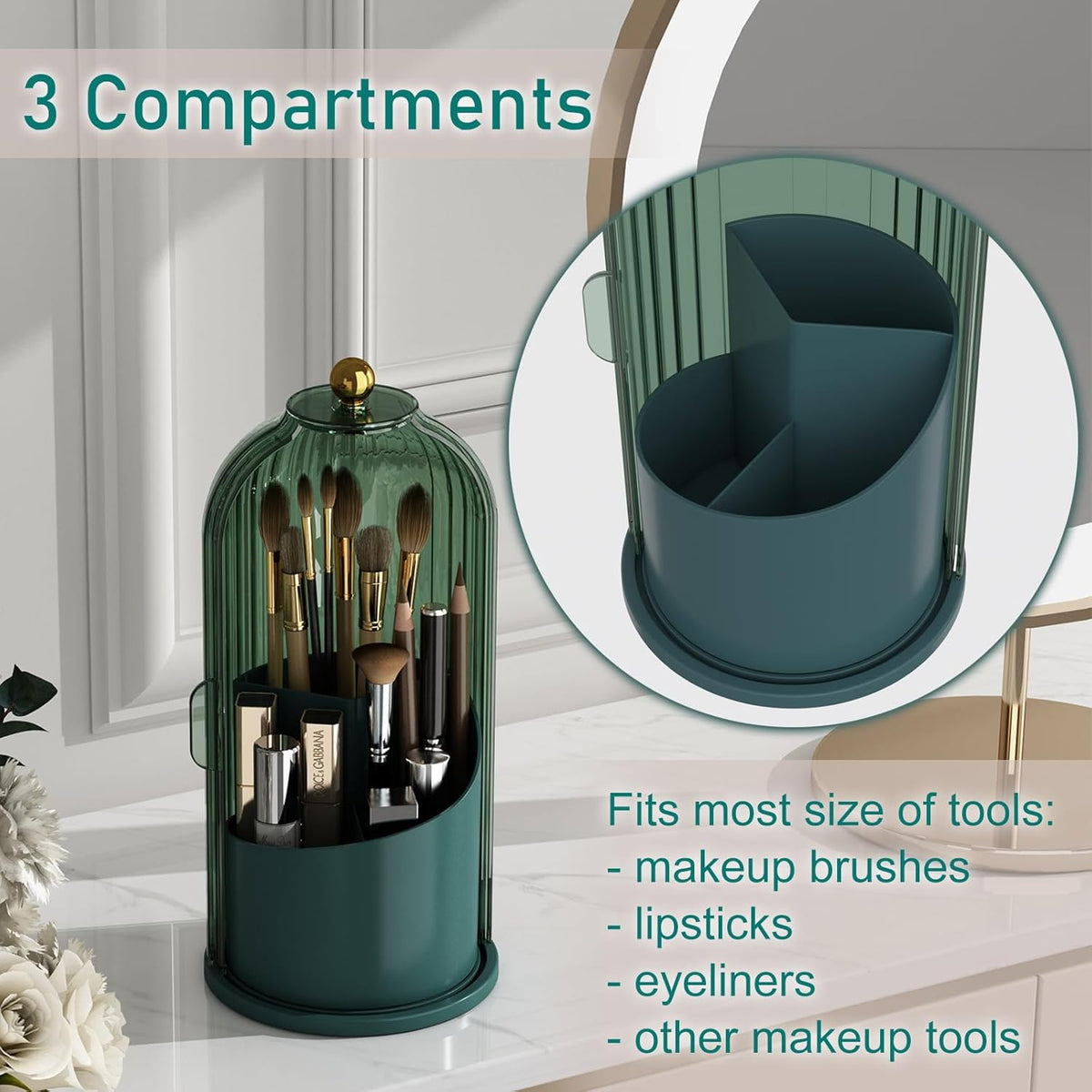 GAXmi Makeup Brush Holder with Lid Rotating Cosmetic Organizer, All Green