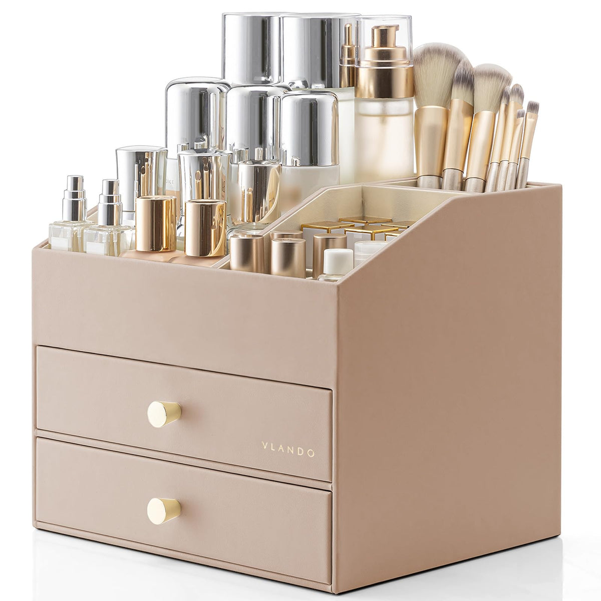 VLANDO 3-Layer Makeup Organizer with 2 Large Drawers for Vanity,Beige