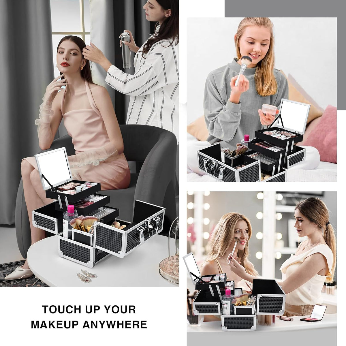 Joligrace 3-Tray Makeup Case with Mirror & Brush Holder, 11.6" Shine Black