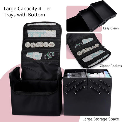 Large Makeup Carrying Train Case for Women, 4 Tier Travel Bag Box, Black