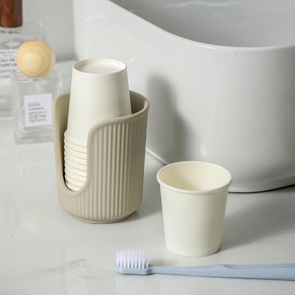 Dobbyby Ceramic Bathroom Cup Dispenser with Stylish Vertical Stripes - Disposable Mouthwash Cup Holder Holds 3-4oz Paper Cups for Rinsing Cups on Bathroom Vanity Countertops (Matte Beige)