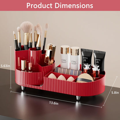 Rotating Makeup Organizer for Vanity with Brush Holder, Cosmetic Makeup Storage Organizer, Large Spinning Makeup Skincare Organizer, Countertop Makeup Perfume Organizer, Lotions Display Case Red
