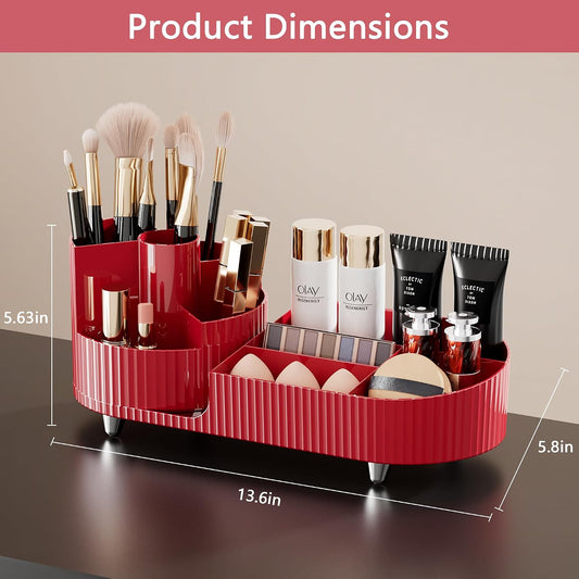 Rotating Makeup Organizer for Vanity with Brush Holder, Cosmetic Makeup Storage Organizer, Large Spinning Makeup Skincare Organizer, Countertop Makeup Perfume Organizer, Lotions Display Case Red