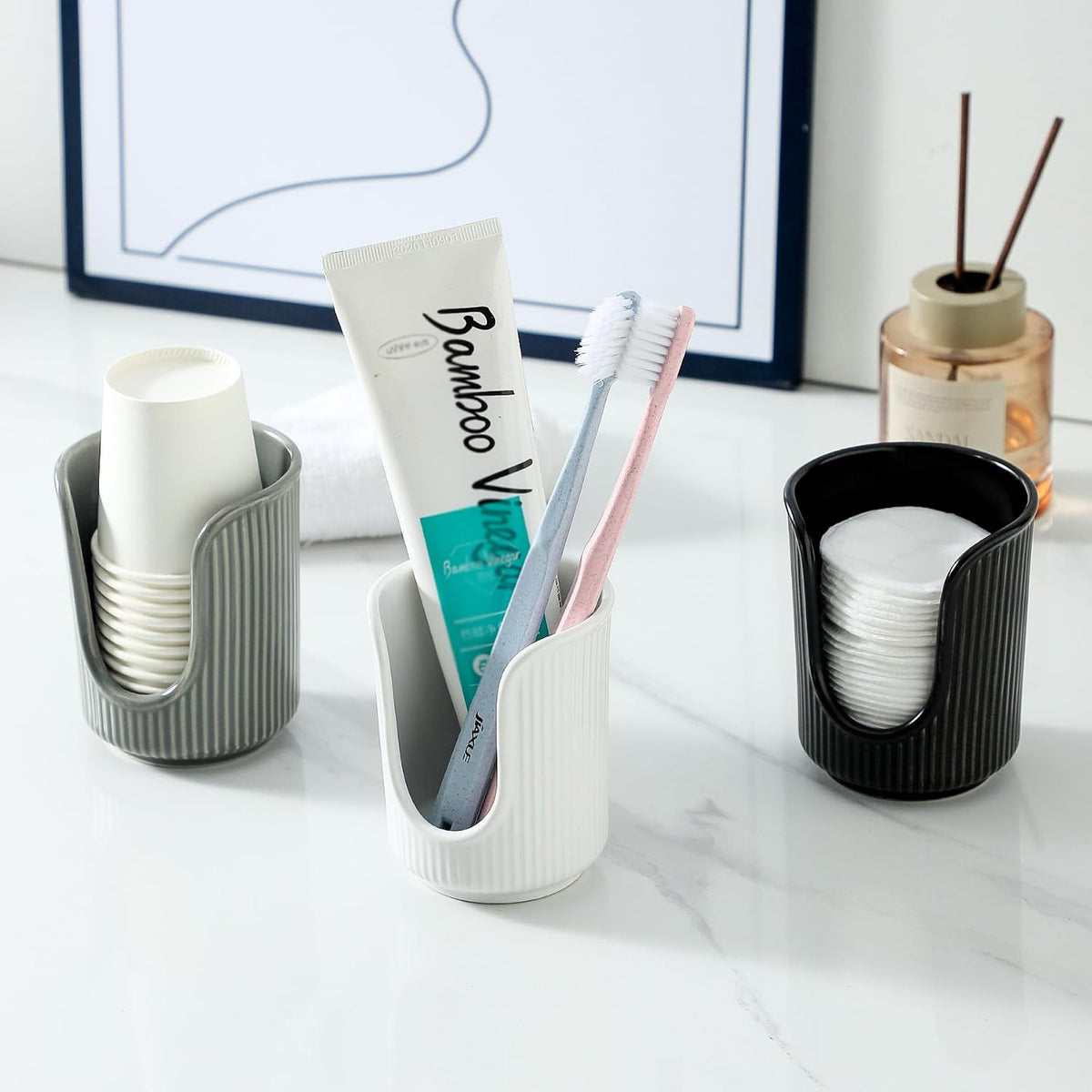 Dobbyby Ceramic Bathroom Cup Dispenser with Stylish Vertical Stripes - Disposable Mouthwash Cup Holder Holds 3-4oz Paper Cups for Rinsing Cups on Bathroom Vanity Countertops (Off White)