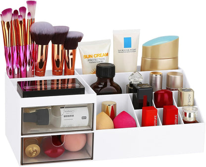 LETURE Desk Organizer, Cosmetic Makeup Vanity Organizer Box, Bathroom Counter Makeup Storage for Eyeshadows, Skin Care, Concealers, Powders, Nail Polish (White)