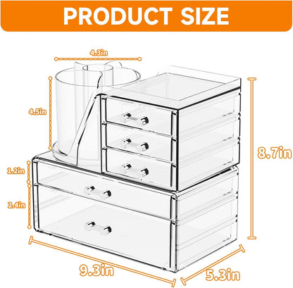 Clear Acrylic Makeup Organizers for Vanity,Countertop,3 Pack Make up Drawer Organizer With Makeup Brush Holder,Plastic Skincare Organizers for Hair Accessories,Beauty,Hair Products,Bathroom,Dresser