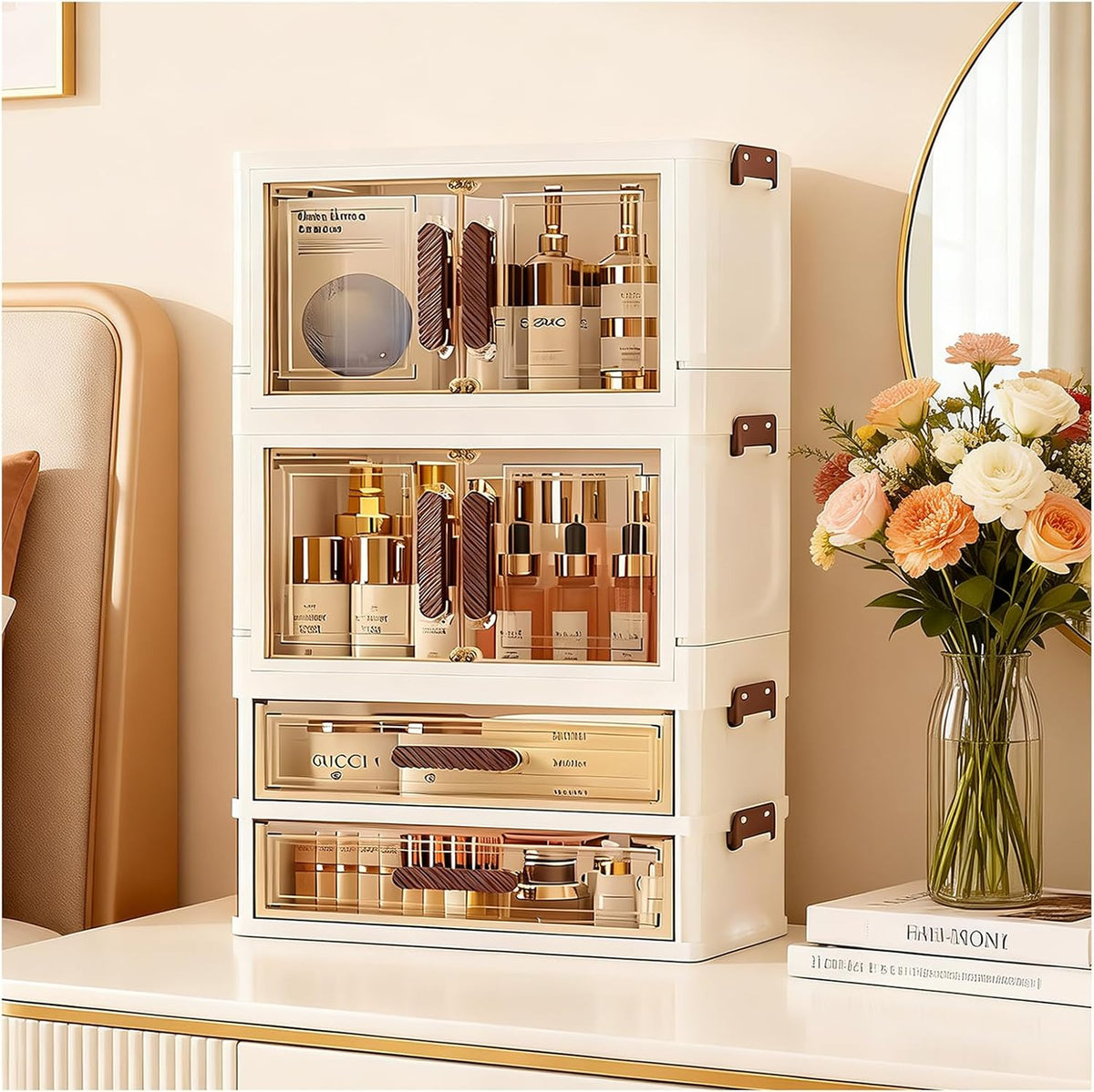 Makeup Organizer with Drawers & Compartments, Modular Stackable Cosmetic Skincare & Jewelry Storage Box, Vanity Organizer with Magnetic Closure for Bathroom, Office, Dorm