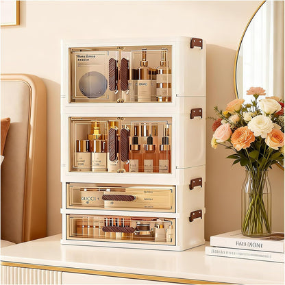 Makeup Organizer with Drawers & Compartments, Modular Stackable Cosmetic Skincare & Jewelry Storage Box, Vanity Organizer with Magnetic Closure for Bathroom, Office, Dorm