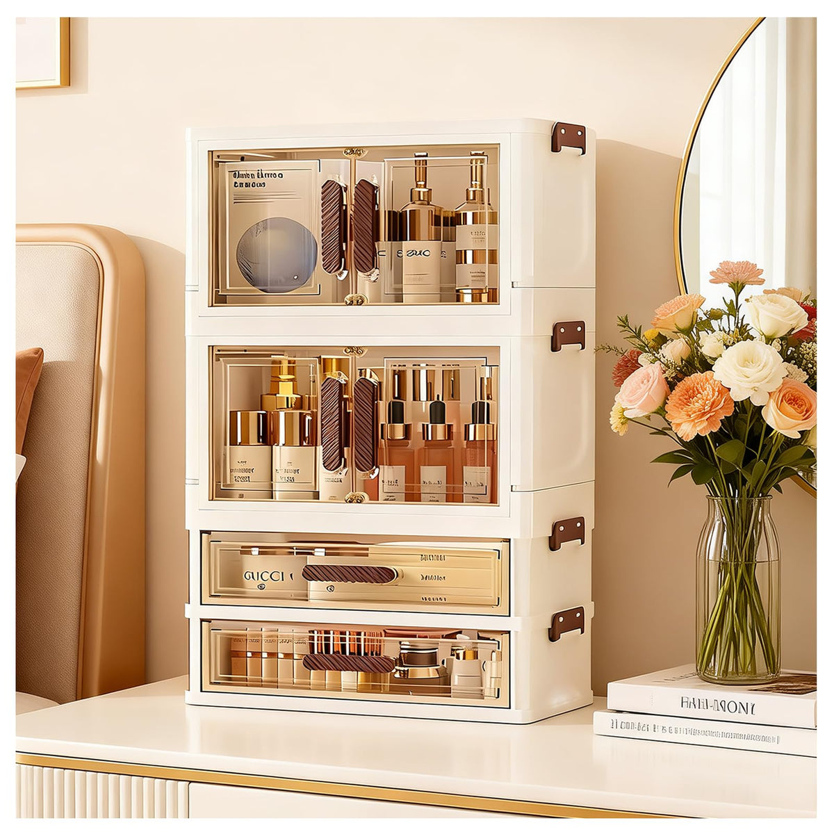 Makeup Organizer with Drawers & Compartments, Modular Stackable Cosmetic Skincare & Jewelry Storage Box, Vanity Organizer with Magnetic Closure for Bathroom, Office, Dorm