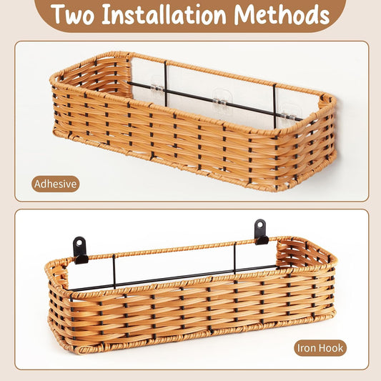 Hanging Wall Basket, Adhesive Wall-Mounted Organizer for Storage, 2-Pack Plastic Wicker Woven Storage Shelves for Kitchen Cabinets, Bathroom, Pantry, Brown Color