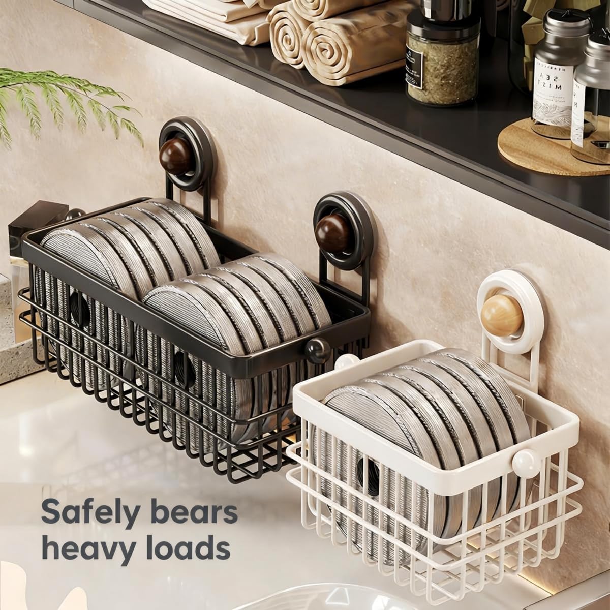 Drill-Free Wall Mount Storage Basket, 11"x4.6"x3.9" Adhesive Mount Organizer for Kitchen & Bathroom, Waterproof Cotton Facial Tissue Holder for Counter (Black)