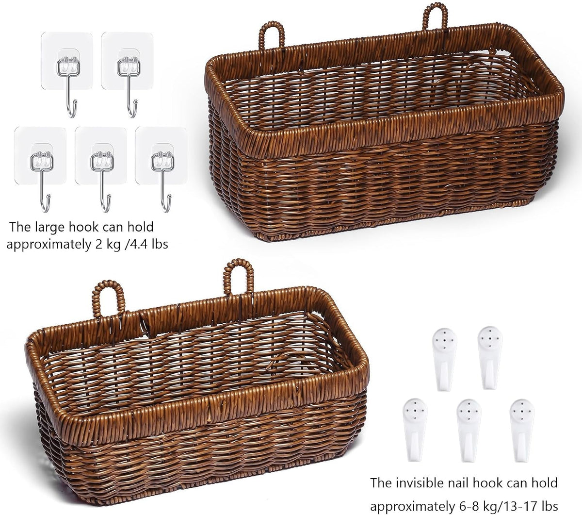 Wicker Wall Baskets Set of 2, Decorative Hanging Organizer for Kitchen, Living Room, Garage, Bathroom, Door Storage and Organizing