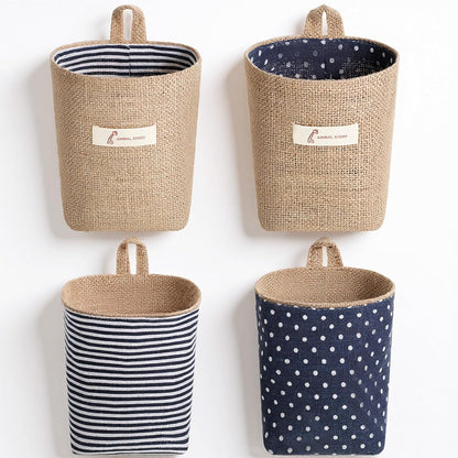 2 Pack Hanging Basket for Door Jute Hanging Wall Storage Baskets, Small Linen Wall Organizer for Keys, Wallets, Plants, Boho Decor with Hooks