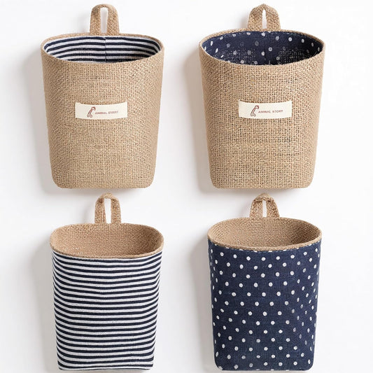 2 Pack Hanging Basket for Door Jute Hanging Wall Storage Baskets, Small Linen Wall Organizer for Keys, Wallets, Plants, Boho Decor with Hooks