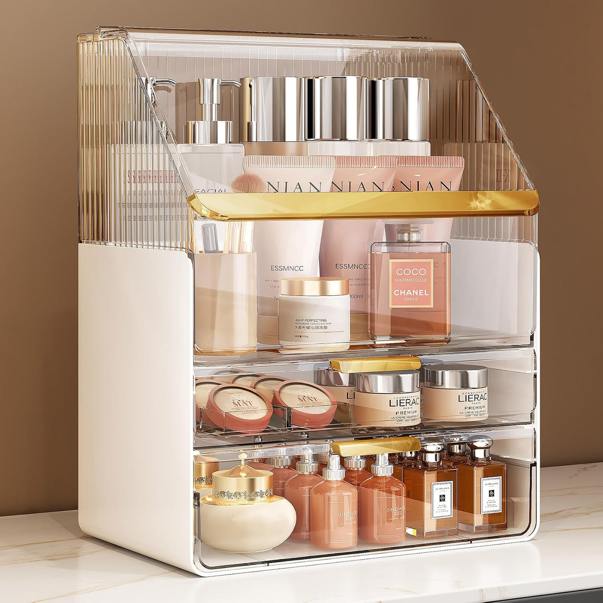 Makeup Organizer Countertop with Lid, Skincare Organizers for Vanity, 3 Tiers Clear Makeup Storage Cosmetic Display Cases Holder for Bedroom Bathroom Dresser Desk Countertop