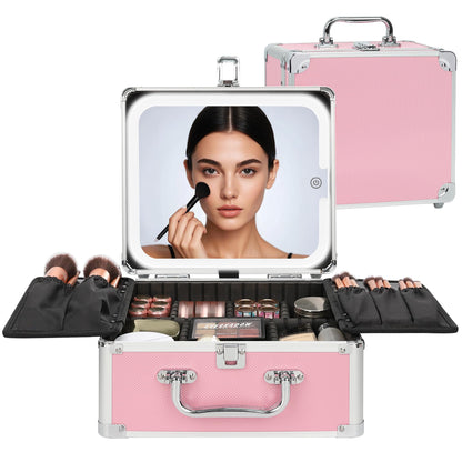 Relavel Makeup Bag with LED Mirror, Makeup Box Travel Train Case with Rechargeable Lighted Mirror & Adjustable Dividers, Cosmetic Brush Organizer Storage for Makeup Artists Gifts for Women and Girls