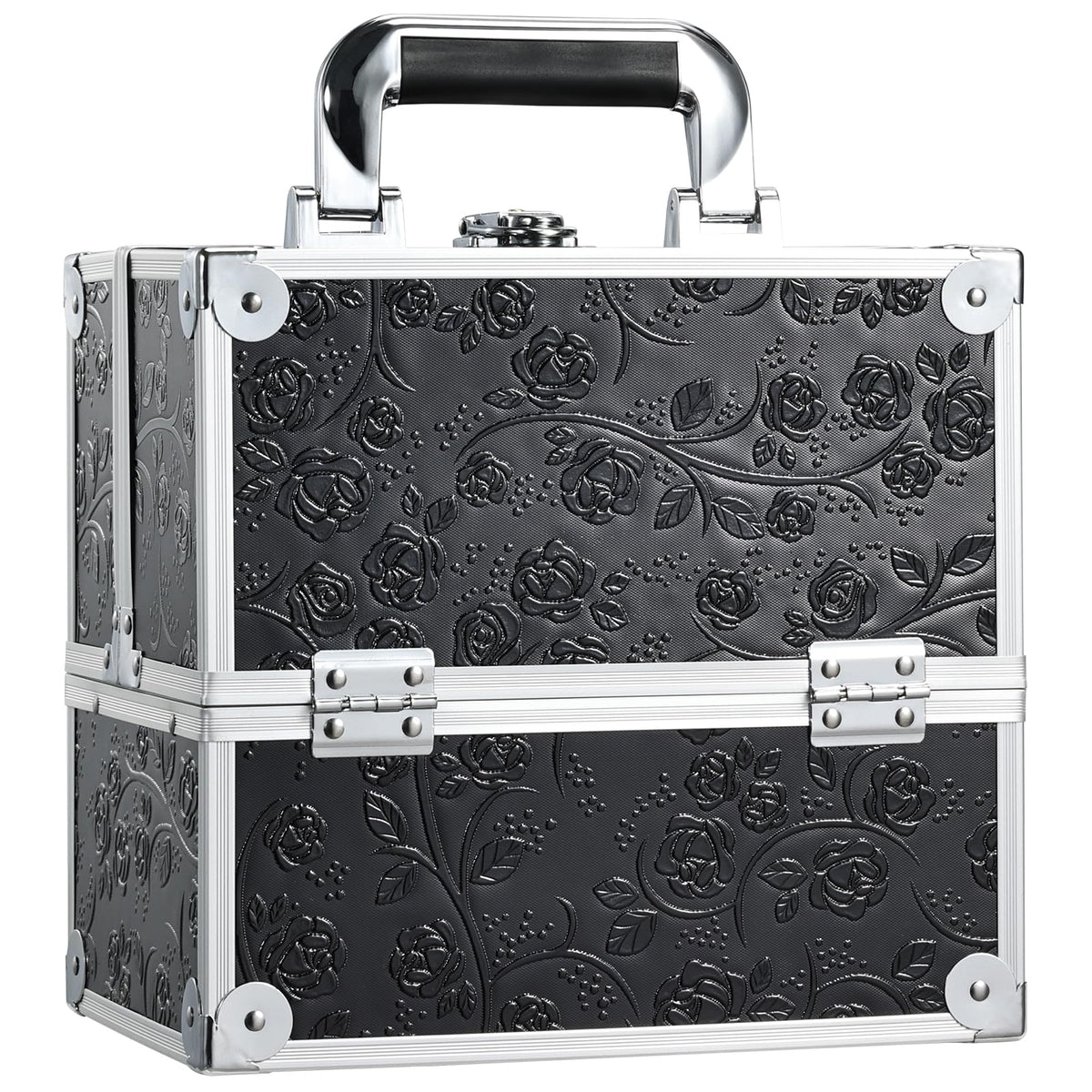 FRENESSA Makeup Train Case Makeup Organizer Box Portable Cosmetic Travel Case with Lock 4 Trays Aluminum Hard Vanity Box Make Up Artist Nail Beauty Storage Organizer Cosmetic Suitcase Bright Silver