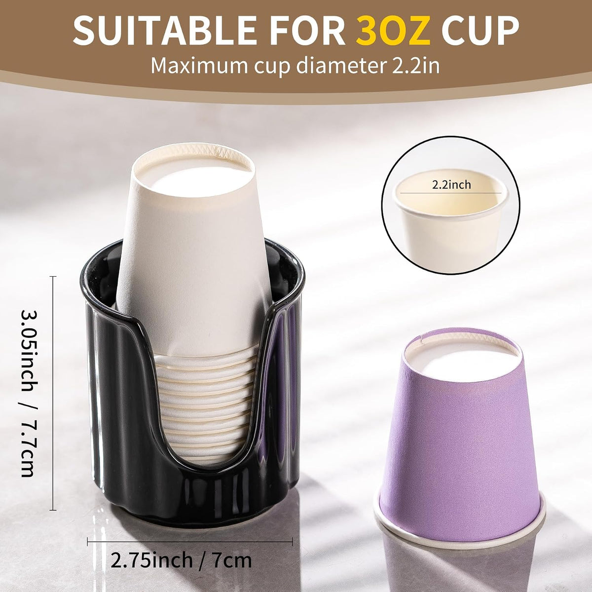 TANEW Ceramic Bathroom Cup Dispenser with Stylish Vertical Stripes - Dixie Cup Dispenser & Mouthwash Cup Holder Holds 3oz Paper Cups for Rinsing Cups on Bathroom Vanity Countertops Glossy Black