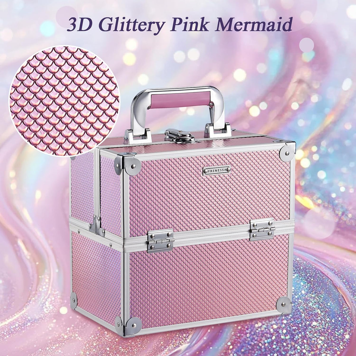 Frenessa Makeup Case Makeup Box Cosmetic Organizer Case Portable Make Up Artist Travel Case Storage Box 4 Trays with Dividers Lockable Hard Train Case Nail Tech Supply Storage Mermaid Pink