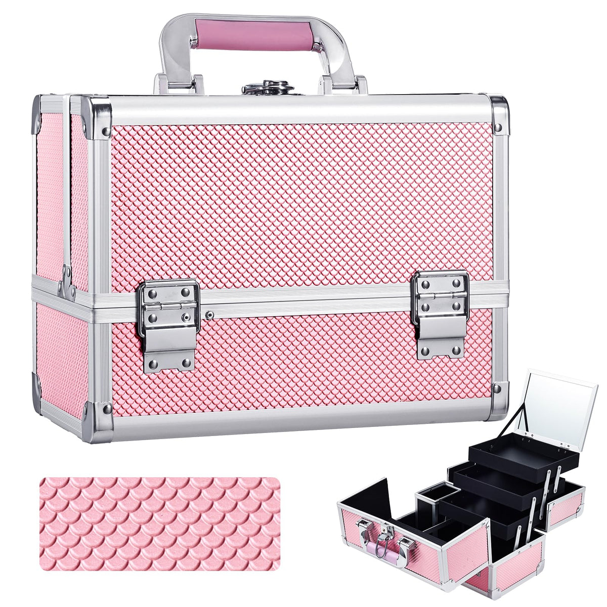 Joligrace 3-Tray Makeup Case with Mirror & Brush Holder, 11.6" Shine Black