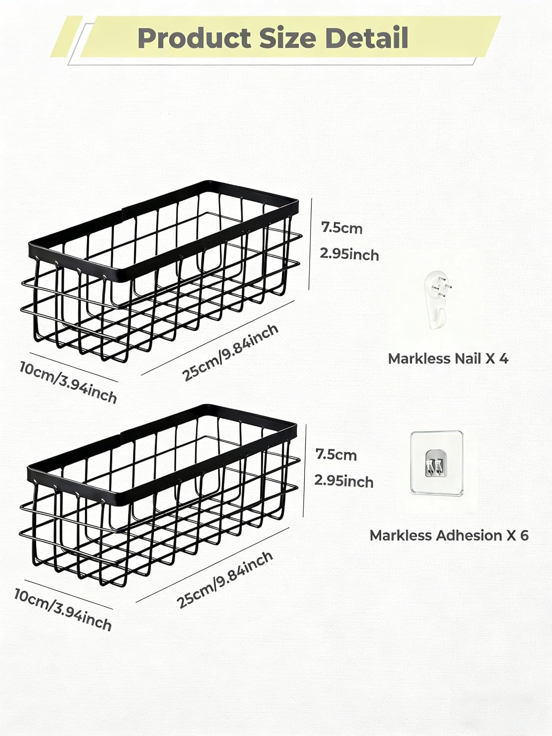 2 PCS Slim Hanging Wire Wall Basket for Bathroom, No Drill, Black
