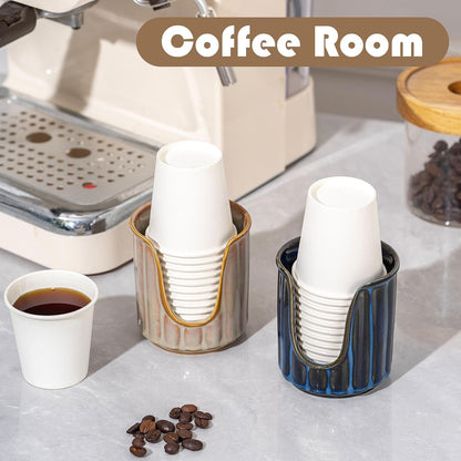 TANEW Ceramic Bathroom Cup Dispenser with Stylish Vertical Stripes - Dixies Cup Dispenser Mouthwash Cup Holder Holds 3oz Paper Cups for Rinsing Cups on Bathroom Vanity Countertops Reactive Glaze Brown