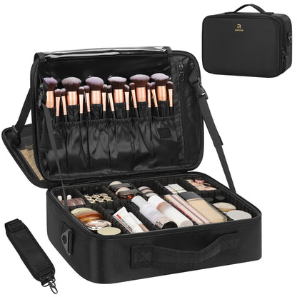 Relavel Travel Makeup Train Case Makeup Cosmetic Case Organizer Portable Artist Storage Bag with Adjustable Dividers for Cosmetics Makeup Brushes Toiletry Jewelry Digital Accessories Black