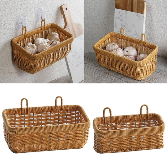 Wall Mounted Woven Rattan Storage Basket,Kitchen Food Container & Wall Hanging,Kitchen Vegetables And Spices Storing Basket,Space Saving Accessory For Garden & Living Room