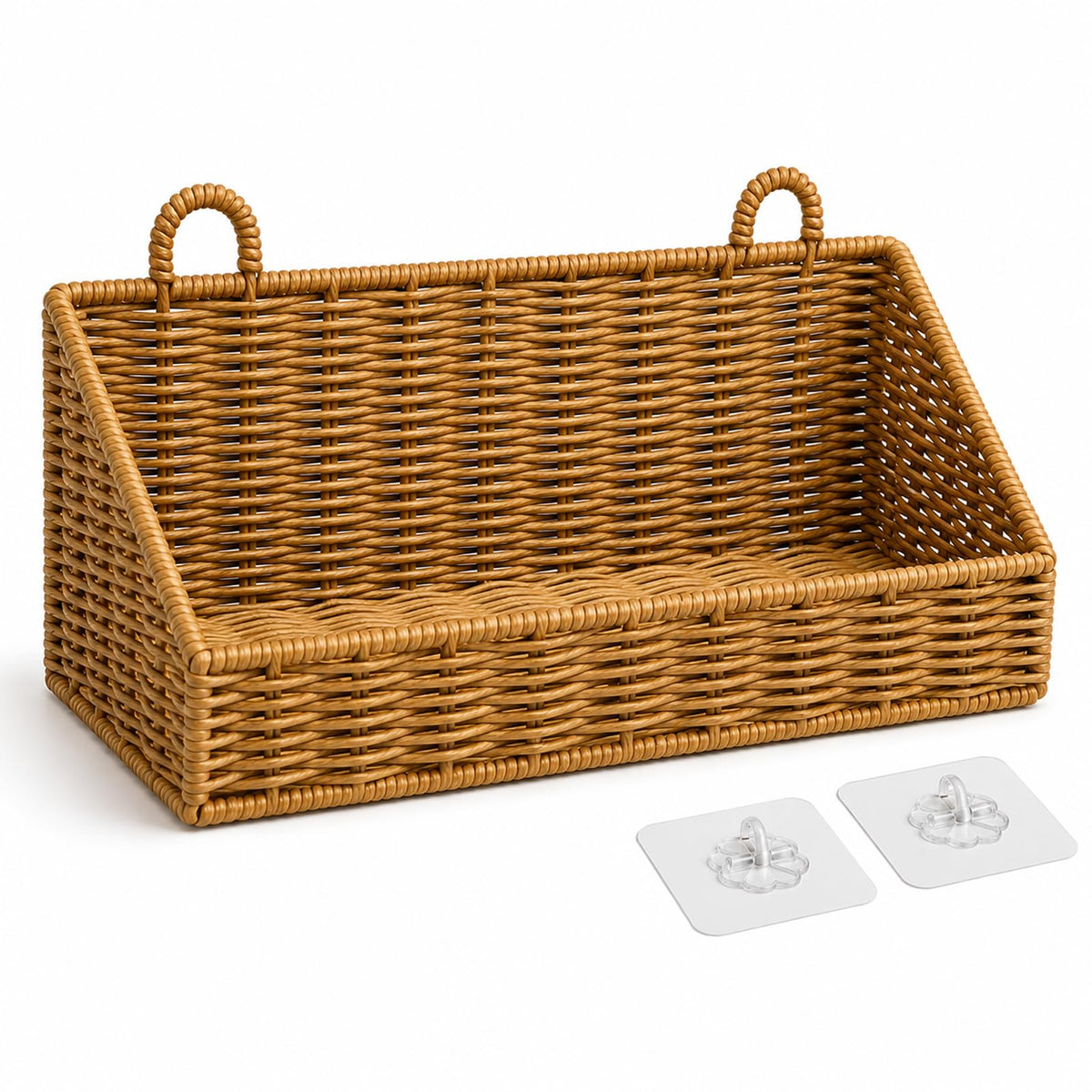Handwoven Rattan Wall Baskets for Organizing, Rustproof Bathroom Floating Shelves, Farmhouse Plastic Wicker Hanging Basket for Kitchen Counter Vanity Storage (light brown, Small)