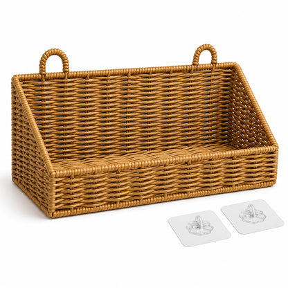 Handwoven Rattan Wall Baskets for Organizing, Rustproof Bathroom Floating Shelves, Farmhouse Plastic Wicker Hanging Basket for Kitchen Counter Vanity Storage (light brown, Small)