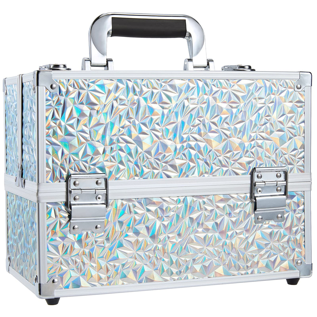 FRENESSA Makeup Train Case Makeup Case 11.8 Inch Large Cosmetic Box Organizer Travel Storage Professional Make Up Train Carrying Case with 6 Trays Locking Hard Vanity Storage Black