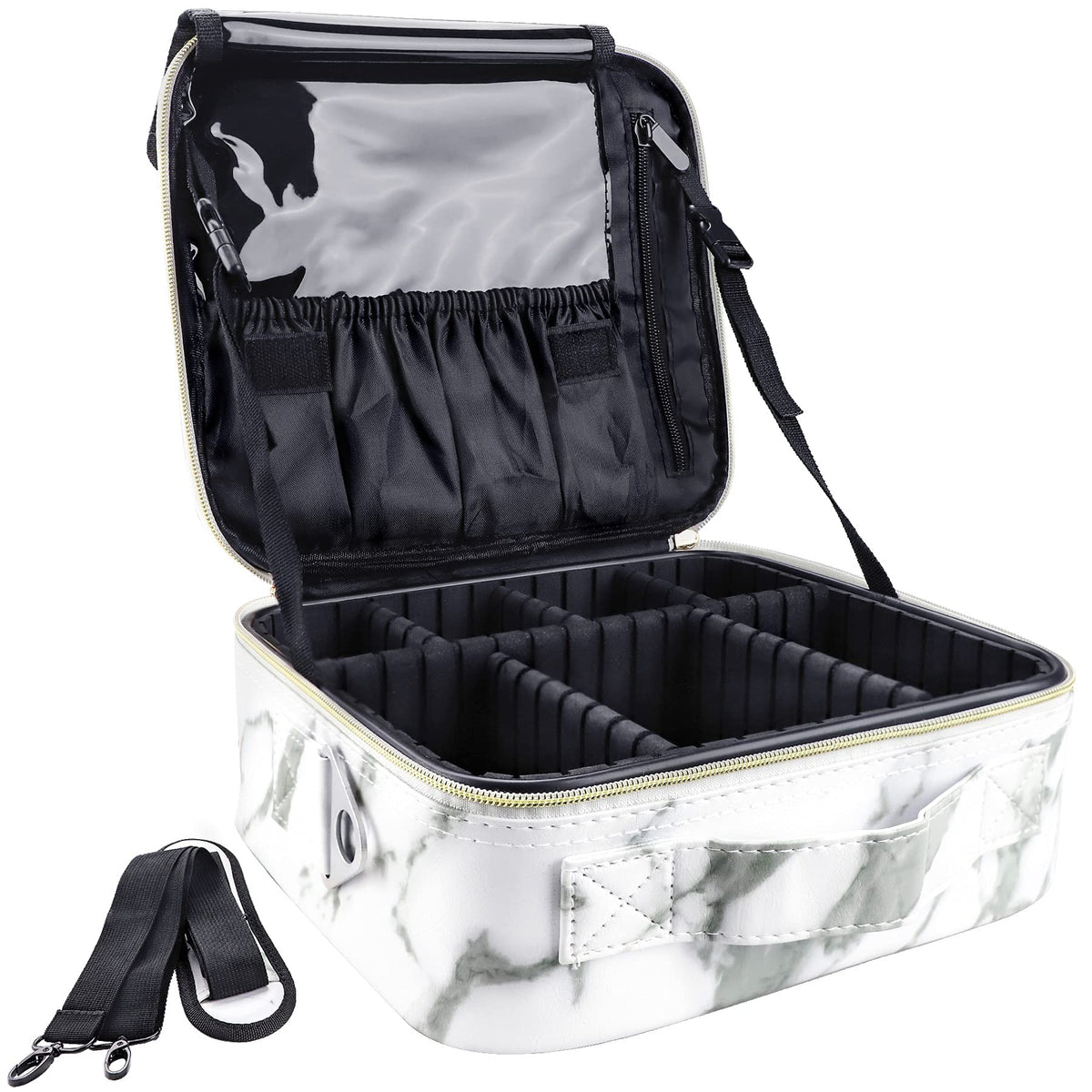 gzcz Large Capacity Travel Makeup Train Case,Professional Cosmetic Bags for Women,Portable Makeup Brush Bag Organizer Storage with Adjustable Dividers and Shoulder Strap