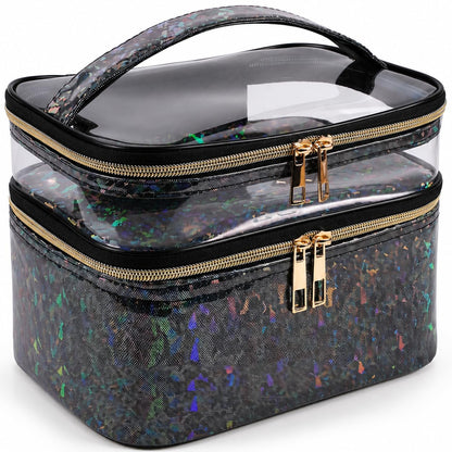 Double-layer Cosmetic Bag Makeup Bag Travel Makeup Bag Makeup Bags for Women Cosmetics Cases Portable Waterproof Foldable (Leopard)