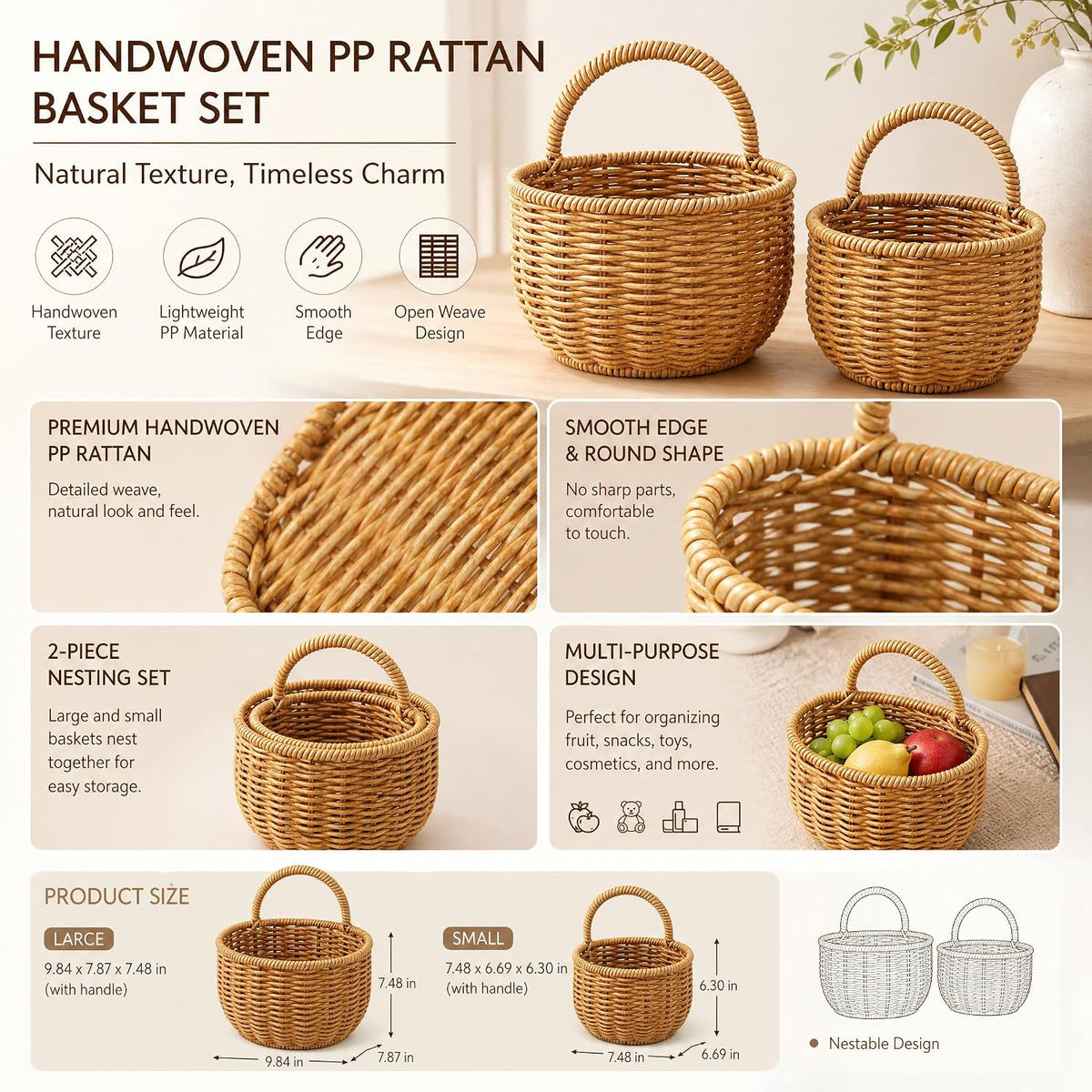 2 Pack Rattan Hanging Storage Baskets Wall Organizer for Kitchen Bathroom
